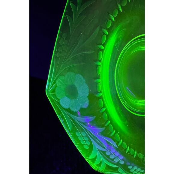Uranium Glass Bowl Vaseline Glass Floral Etched Rolled Edge Glows Green UV 12in - Picture 2 of 9
